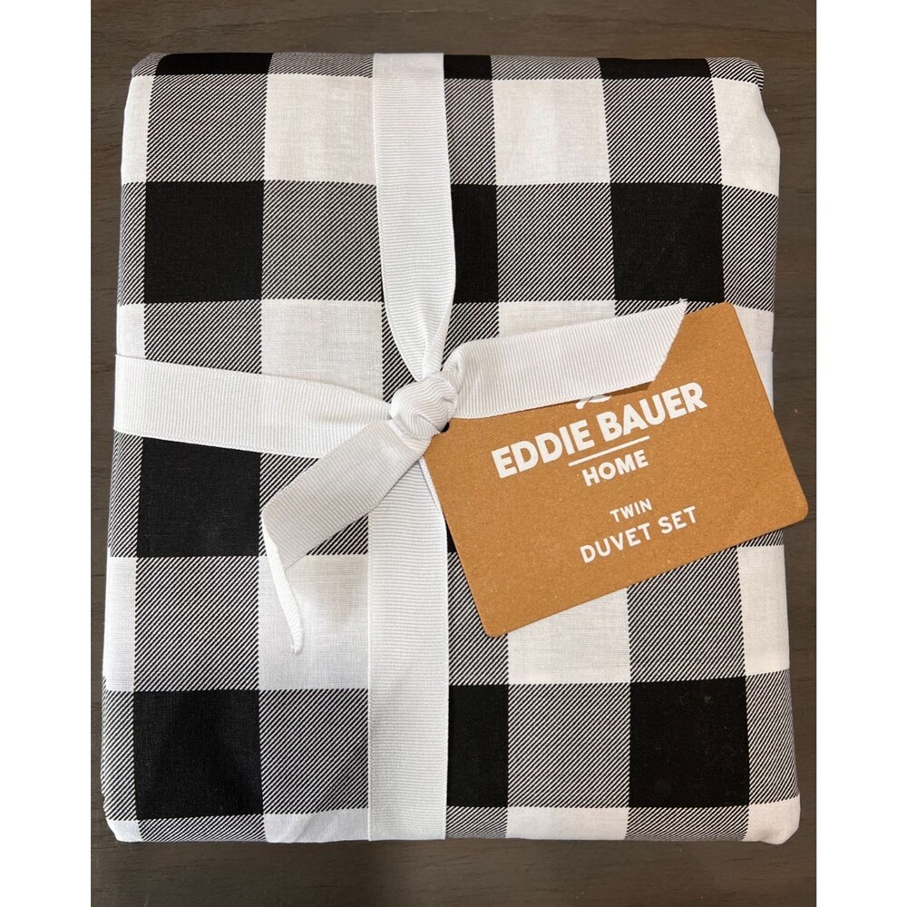 EDDIE BAUER Twin Duvet Cover Set 100% Cotton Black White Mountain Buffalo Plaid